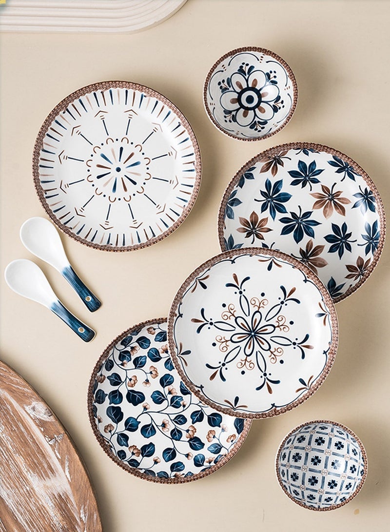 OSSO Ceramic Bowls Gift Set 16 Piece Bohemian Style Porcelain Dinnerware Set Pack of 16 with Spoons Plates Ceramic Gift Set Microwave Safe Underglaze Design for Kitchen Dining Housewarming Entertaining - Image 5